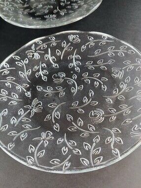 Vintage KIG Indonesia Clear Glass Dinner Plates Rose Vine Floral Leaf Set of 2